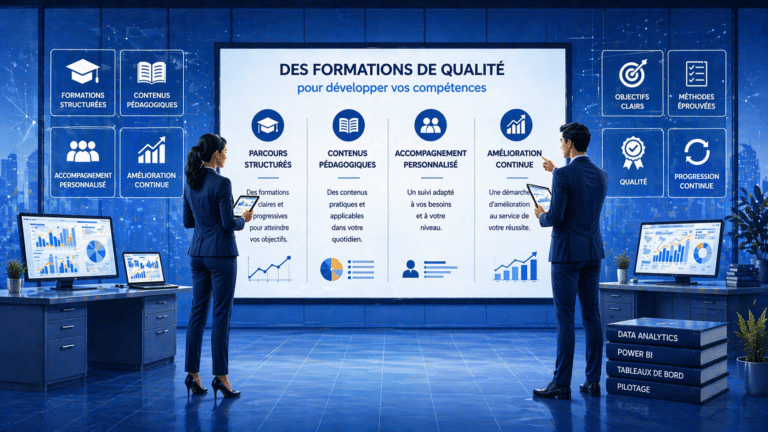 Formation professionnelle structurée avec tableaux de bord et data visualisation Power BI dans un environnement de travail moderne