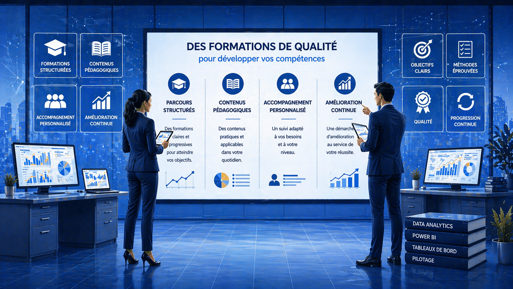Formation professionnelle structurée avec tableaux de bord et data visualisation Power BI dans un environnement de travail moderne